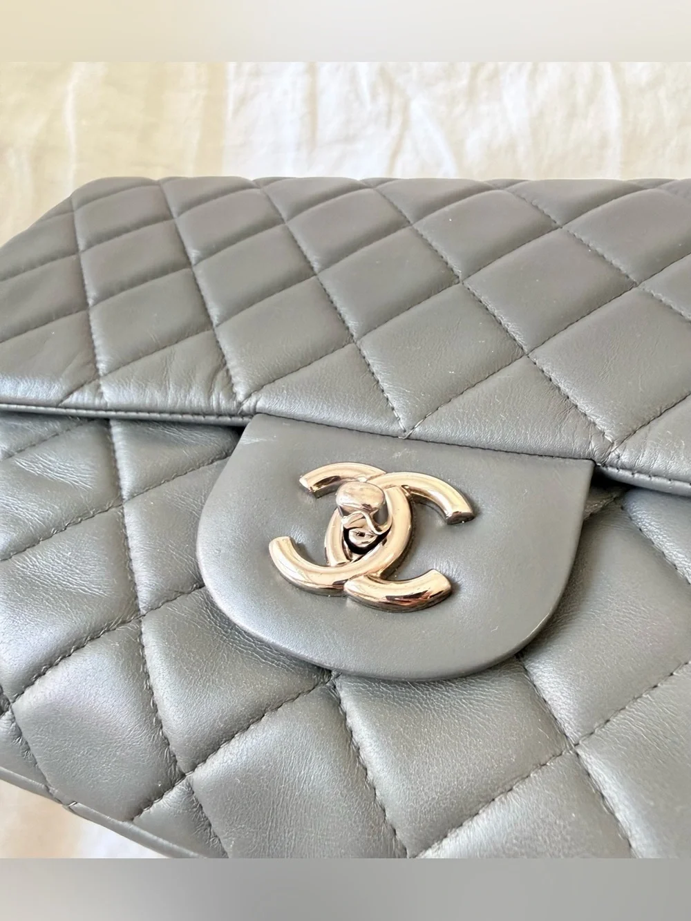 Chanel | Gray Jumbo Classic Single Flap Lambskin Shoulder Bag | Silver Tone HW